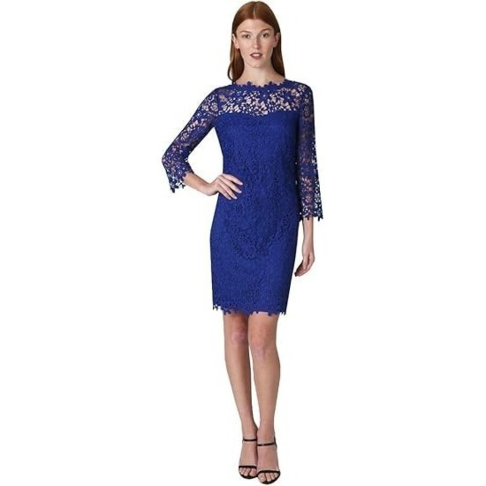 bebe 3/4 Sleeve Mock Neck V-Back Slim Lace Dress w Illusion Top Yoke (2) Cobalt
